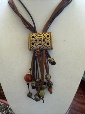 Bohemian Leather Fringe Necklace with Gold-Tone Bead Pendant - Brown